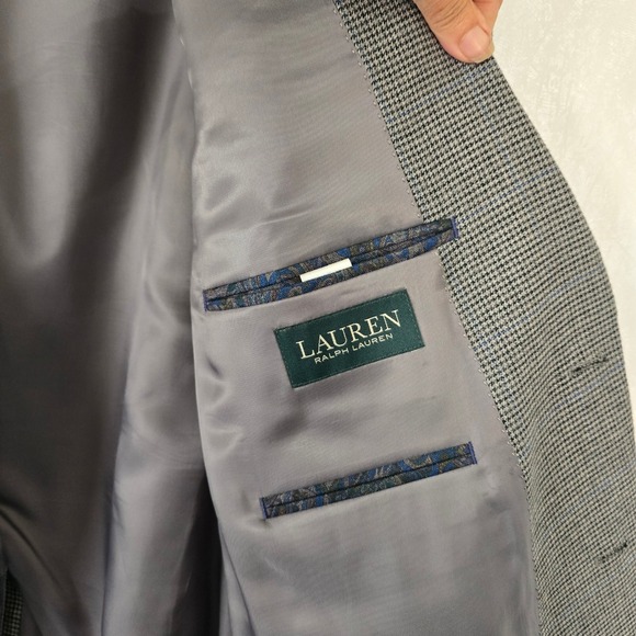 LAUREN Ralph Lauren Mens 46R Houndstooth Sport Coat Blazer Gray Black‎ Blue Prep - Picture 5 of 10